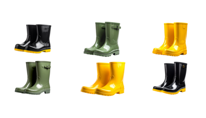 A set of colorful rubber boots is placed against a white background