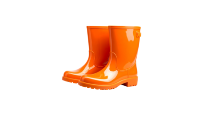 A set of colorful rubber boots is placed against a white background