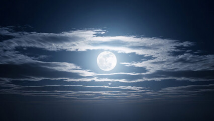 A dramatic view of a glowing full moon centered in a dark night sky, partially obscured by thin, wispy white clouds creating a moody atmosphere.