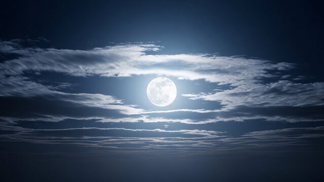 A dramatic view of a glowing full moon centered in a dark night sky, partially obscured by thin, wispy white clouds creating a moody atmosphere.