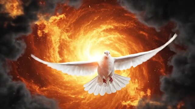Dove descending through dramatic fire, symbolizing the Holy Spirit.