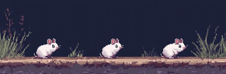 Three white mice cross a dirt path in pixelated style