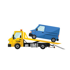 Vector illustration of a yellow tow truck carrying a blue van on its flatbed against a clean white background.