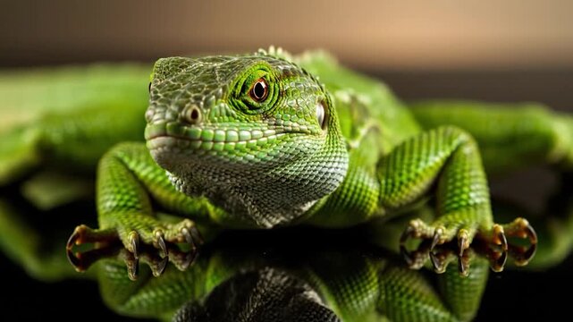 Detailed close-up of a bright green reptile with textured scales and striking eyes on a reflective surface