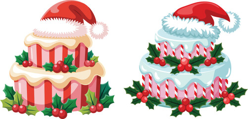Holiday-themed tiered cakes with santa hats