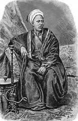 Coptic Christian merchant in Cairo wearing a traditional striped robe and elaborate turban, conducting business in the bustling markets of 19th century Egypt, old vintage illustration, 1899.