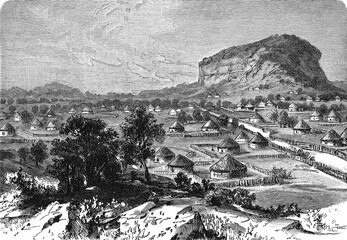 The rural village of Demsa-Poha in Adamawa, featuring traditional thatched huts and Fulani cattle herders in the surrounding savanna landscape, old vintage illustration, 1899