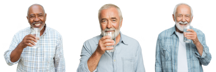 Smiling Elderly Senior Men Drinking Water, isolated on transparent background png