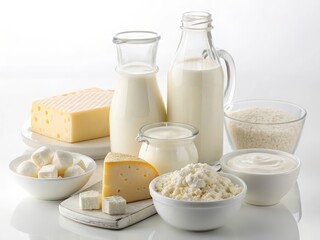 Fresh dairy products assortment with milk, cheese, butter, yogurt and cottage cheese arranged on a clean white background, symbolizing farm freshness, nutrition and healthy food