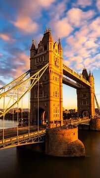 Historic drawbridge with two grand towers illuminated by warm evening sun over water