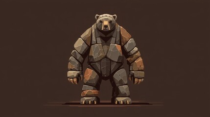 A stylized bear creature crafted from stone blocks, facing forward against a solid brown background. Its form suggests power and solidity