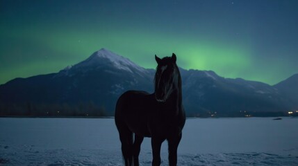 A beautiful horse stands gracefully near a frozen lake, illuminated by the magical glow of northern lights dancing in the night sky. The serene mountains rise in the background, adding to the beauty
