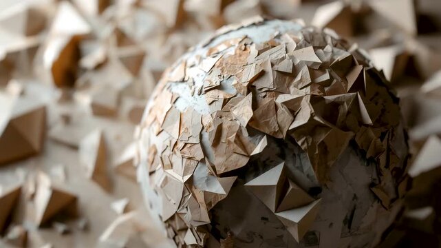 Geometric sphere made of wooden triangular pieces resting on matching abstract background