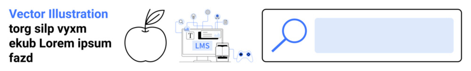 Education technology, e-learning, online teaching, digital resources, knowledge search, school systems. Apple icon and LMS interface with magnifying glass. Education technology and e-learning concept