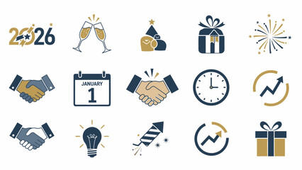 Flat lay of various Happy New Year 2026 icons and symbols on a white background, including champagne, gifts, and calendar, conveying a celebratory mood with gold and blue tones.