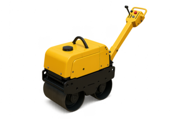 Yellow walk-behind vibratory roller machine on transparent background