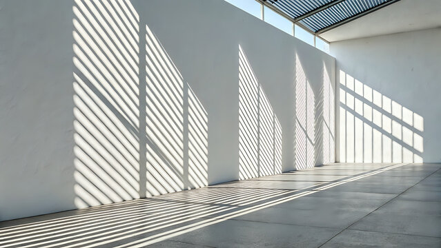 Soft sunlight casting geometric shadows through window blinds onto a white wall, minimalist background