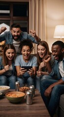 Obraz premium Group of young friends celebrating while watching live sport game or movie on smartphone at home. Entertainment and social gathering concept.