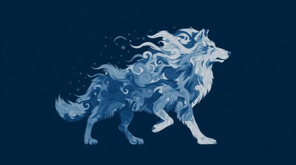 Fototapeta premium A mystical depiction of a wolf, its form composed of swirling blue clouds and celestial elements, moving across a dark background