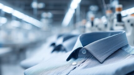 Rows of neatly arranged shirts await the finishing touches as industrious machines hum in a vibrant manufacturing space, where skilled hands create fashionable attire