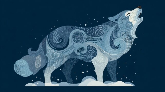 A stylized illustration features a wolf howling under a starry night sky. The wolf is made of swirling blue patterns