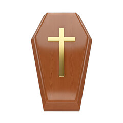 Fototapeta premium Polished Wooden Coffin With Golden Cross Emblem Isolated On Black Background
