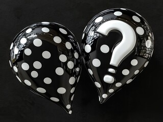 Black polka-dot balloons, one with a white question mark