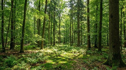 Obraz premium Green forest landscape with sunlight