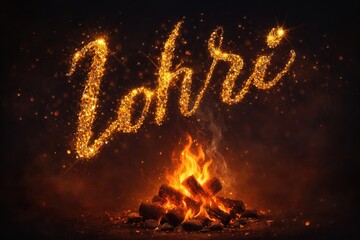 Happy Lohri glitter typography illustration with sparkling golden text and blazing bonfire on dark festive background