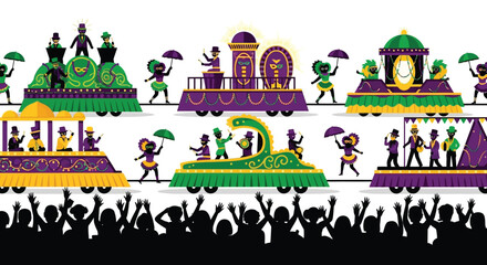 Mardi Gras Parade Floats with People and Crowds.