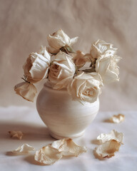 Nostalgic dried white rose bouquet in ceramic vase with fallen petal on table showing melancholic beauty of withered flower and fading life