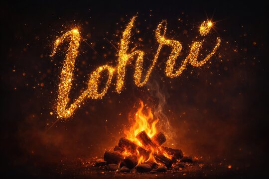 Happy Lohri glitter typography illustration with sparkling golden text and blazing bonfire on dark festive background