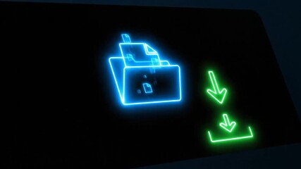 Digital download neon blue folder with files, green arrow and bar on dark background - Powered by Adobe