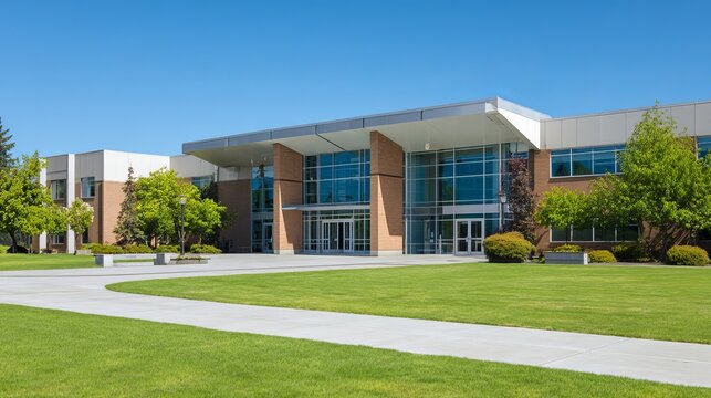 Modern school building exterior with glass facade and green lawn