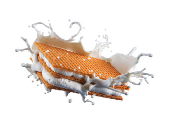waffle sandwich with cream and milk splash on white background.