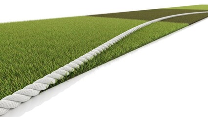 Long view of cricket field boundary rope on green grass with striped pattern isolated on white | circular, cricket, ground, pitch, wicket, stumps, grass, field, sport, game.