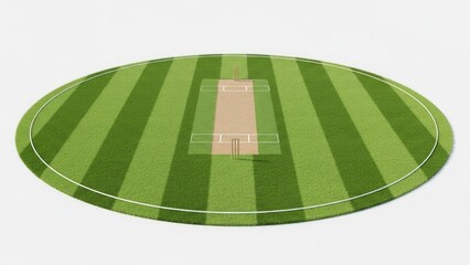 Cricket field aerial view with striped grass and white boundary lines | circular, cricket, ground, pitch, wicket, stumps, grass, field, sport, game.