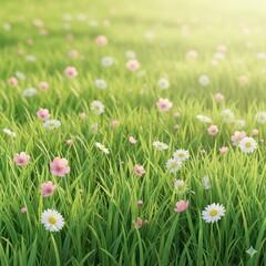 Fototapeta premium 3D semi-realistic illustration of a lush spring meadow with daisies and pink flowers, vibrant green grass blades layered in depth, soft sunlight glow, gentle background blur effect