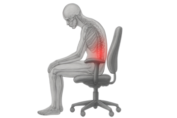 Human skeleton sitting poor posture causing lower back pain highlighted on spine anatomy illustration isolated on white background