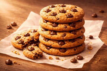 3D semi-realistic illustration of a stack of chocolate cookies on parchment paper, crumb details simplified into vector texture, golden-brown tones, soft directional lighting, scattered crumbs