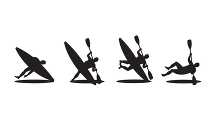 Obraz premium Surfer Silhouettes in Various Positions with Paddleboards in Minimalist Black Silhouette on White Background for Water Sports Illustration