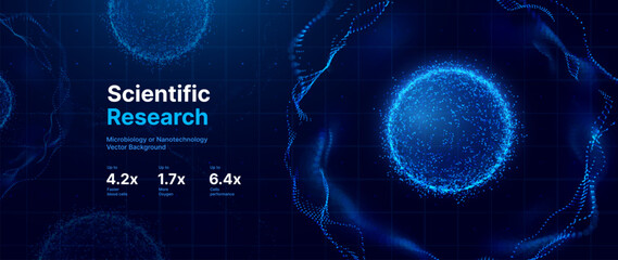 Biology Cell Scientific Medical Research Background. Science Blue Cells Backdrop with Depth of Field Blur Particles Effect. Futuristic Plant Microbiology. Blue Virus Cells Vector Illustration. © ec0de