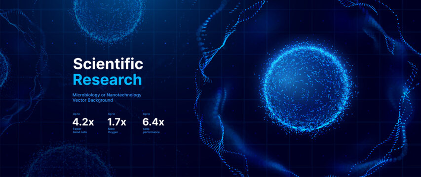 Biology Cell Scientific Medical Research Background. Science Blue Cells Backdrop with Depth of Field Blur Particles Effect. Futuristic Plant Microbiology. Blue Virus Cells Vector Illustration.