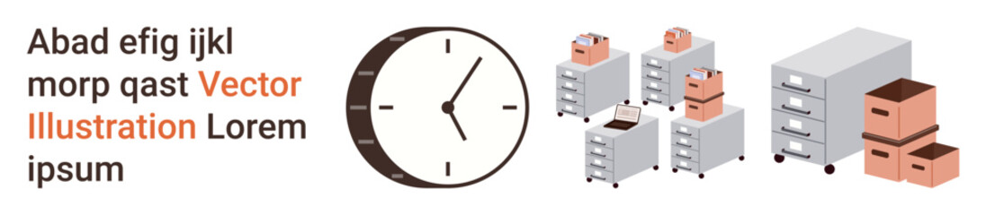 Obraz premium Time management, productivity, organization, workplace planning, archive storage, business efficiency. Clock with file cabinets, stacked boxes. Time management and productivity concepts