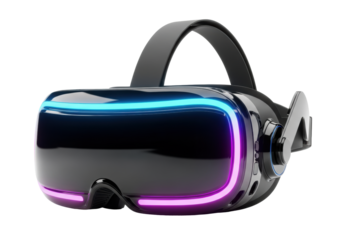 a futuristic vr headset display on a transparent infinity cove, matte black surfaces reflecting light. vibrant blue to magenta led gradient lighting gives a cyberpunk esports aura. concept for