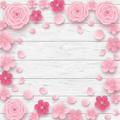 Rustic white wooden background with scattered pink flowers and petals forming a frame, 3D semi-realistic conversion, soft depth layers, gentle shadows, romantic spring aesthetic, horizontal layout