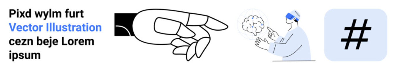 Obraz premium Outlined hand pointing, a researcher studying a brain, and a simple metadata tag concept. Ideal for technology, communication, research, science, healthcare, education and a simple landing page