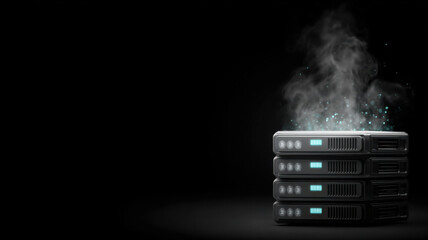 Overheated server with visible steam emitting from its surface, suggesting data processing or storage issues. The scene is set against a dark backdrop, with the server illuminated by subtle light