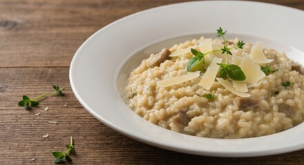 Creamy risotto dish, garnished with cheese and herbs, on a white plate, set on a wooden table