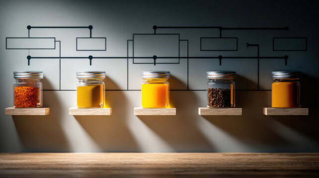 An arrangement of spice jars on wooden shelves, with a flowchart graphic behind. Each jar contains a different spice, suggesting culinary processes and choices